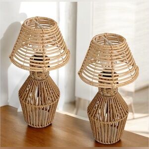 Set Of Two 12.5" Rattan Mini Table Lamps Handmade Boho
